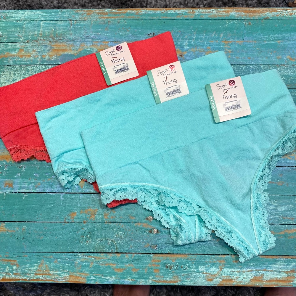 Secret Treasures Wideband Thong Lace Trim Underwear Set 3pk Pink Blue Small 4-6